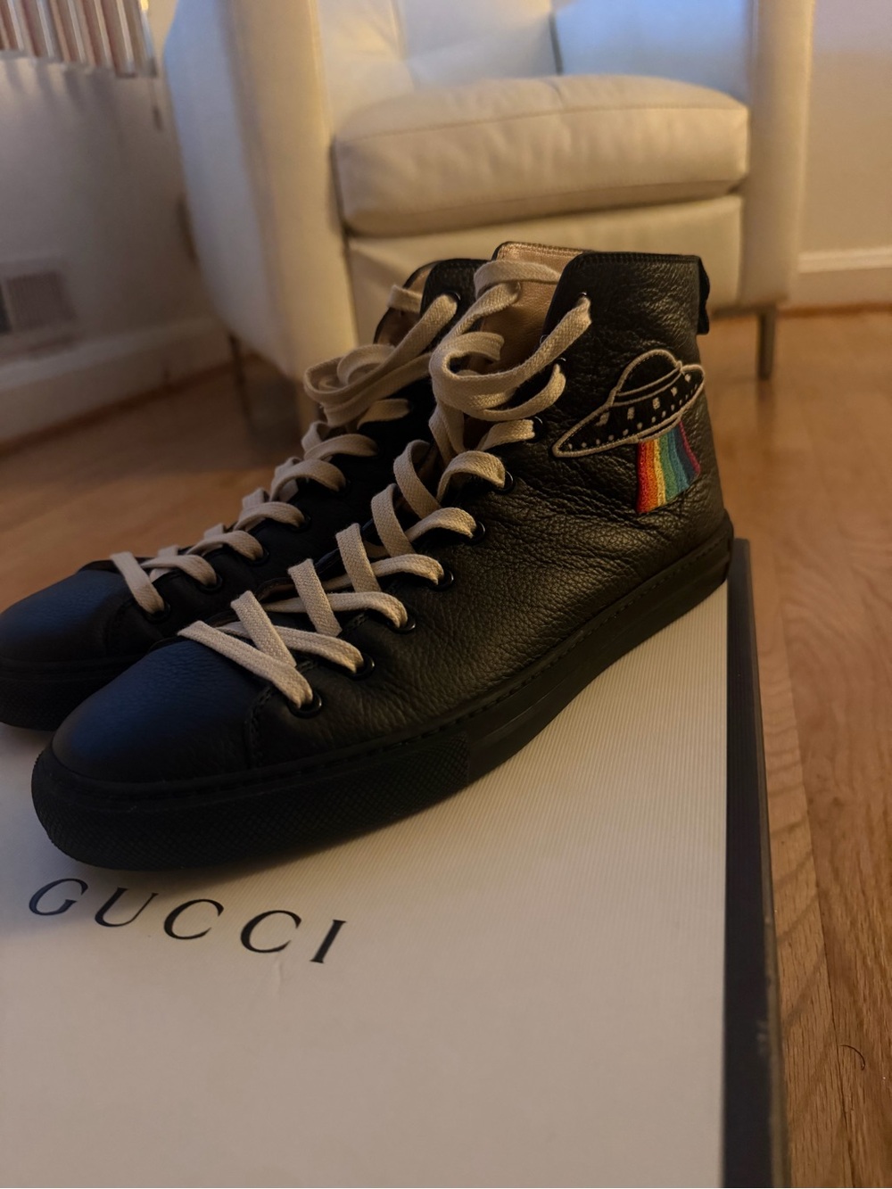 Gucci Black Leather High-Top Sneakers with Rainbow UFO Patch